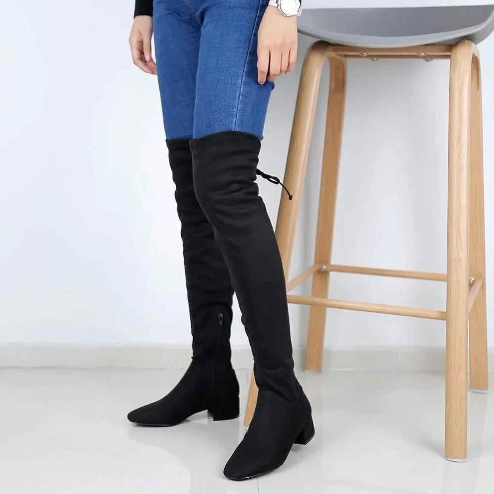 Women's Black-1.77 Inchs Polyurethane (PU) Over Knee High Warm Winter Long Boot